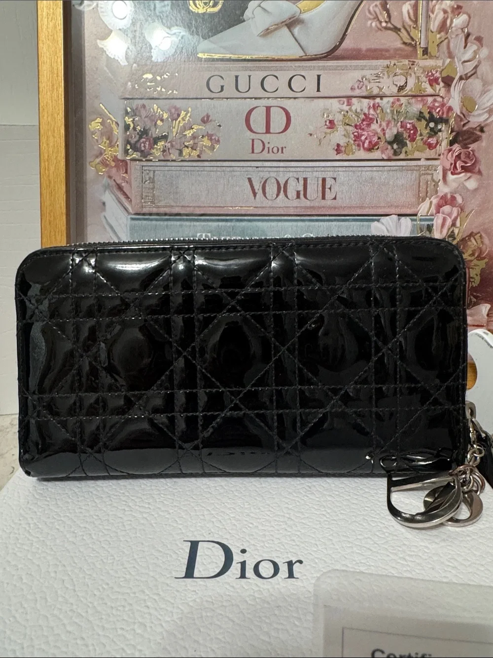 Dior Black Patent Quilted Zip-Around Wallet with Charm Full inclusion COA
